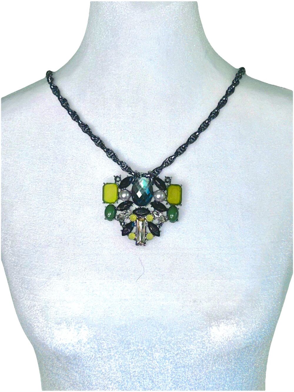 Chicos Statement Necklace Green Yellow Crystal Pendant Gray 42" Jewelry